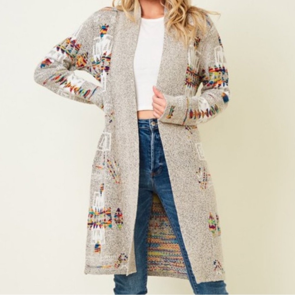 ON BLUE TRIBAL AZTEC BOHO western cardigan sweater Indian wells yellowstone